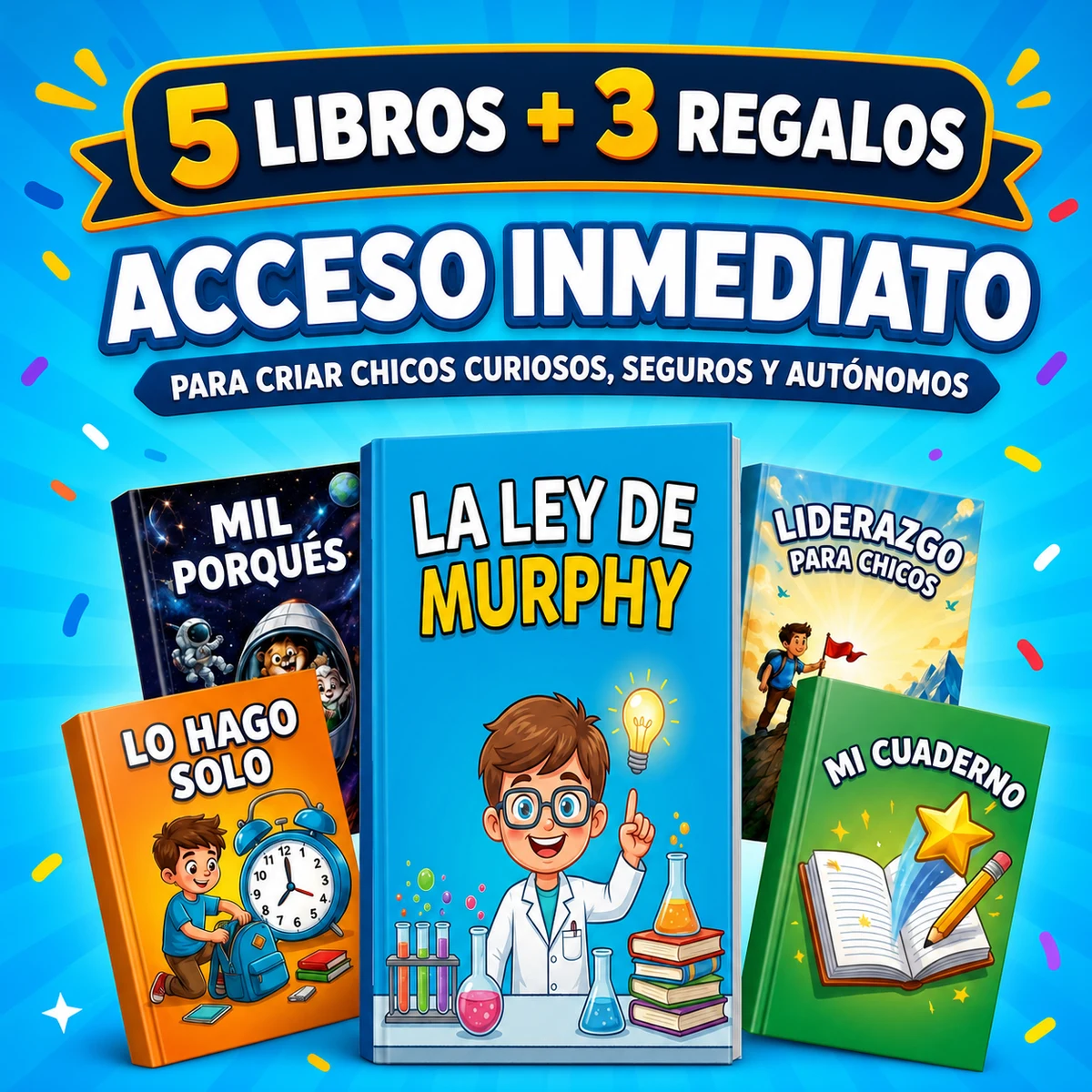 Los cinco libros y tres regalos del paquete