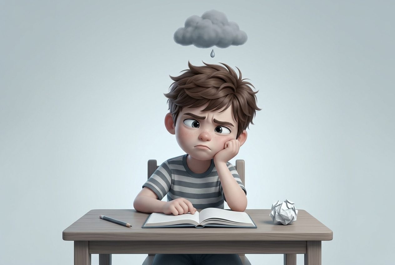 Un niño frustrado frente a su cuaderno