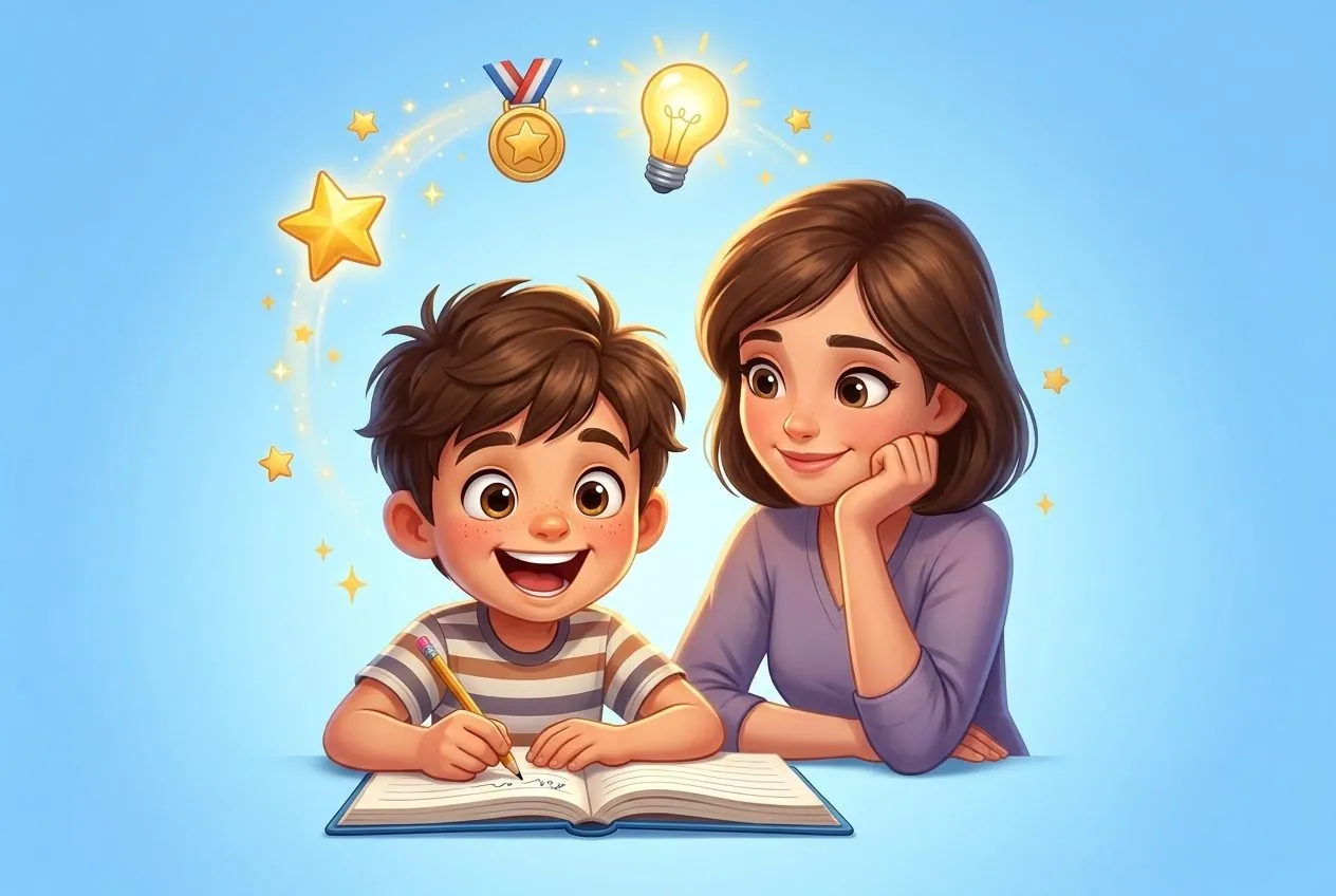 Un chico y su mamá disfrutando una lectura