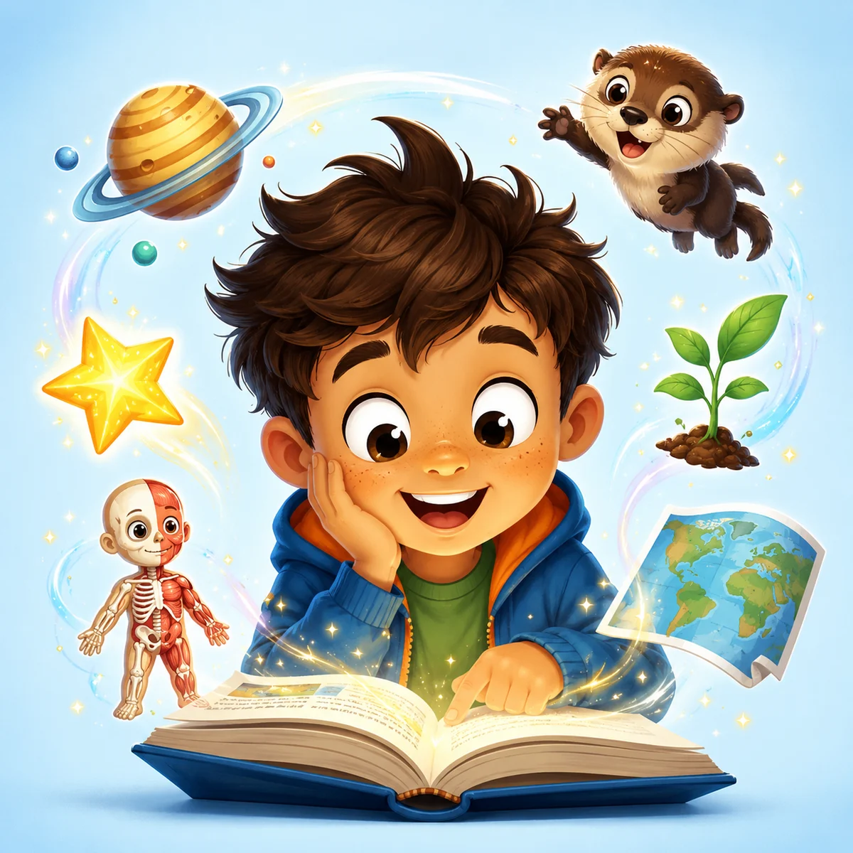 Un chico descubriendo ideas dentro de un libro