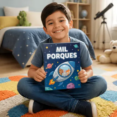 Benjamín, de Buenos Aires, Argentina, sentado en su cuarto con Mil Porqués