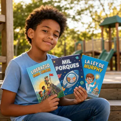 Lucas, de Salvador, Brasil, en la plaza con tres de sus libros